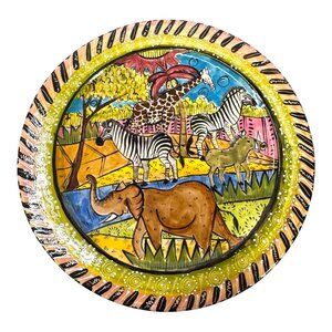 Handmade & Painted Zimbabwe Penzo Wildlife Ceramic Plate 9”  Vibrant Safari Art